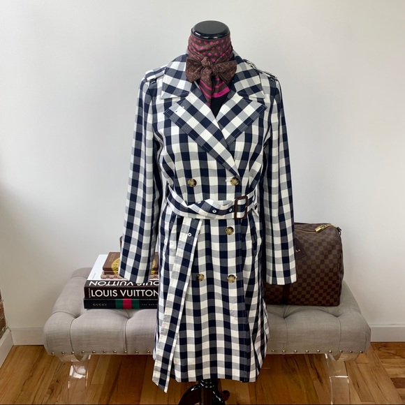 J. Crew Icon Trench Coat Jacket Gingham Check Blue & White Size 2 NWT - Picture 2 of 11